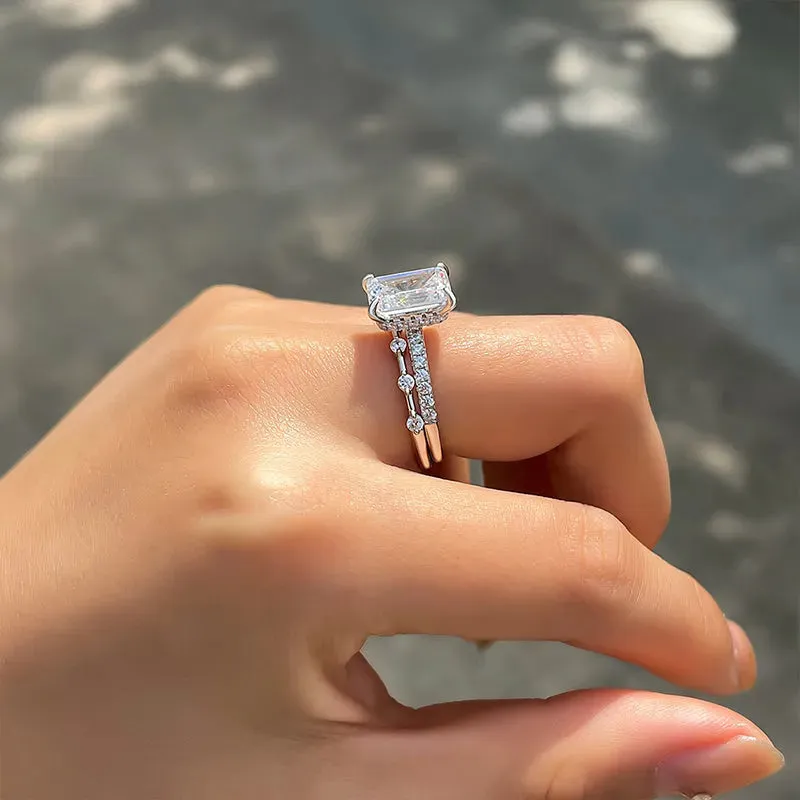 2PCS Emerald Cut Bridal Set Rings In Sterling Silver