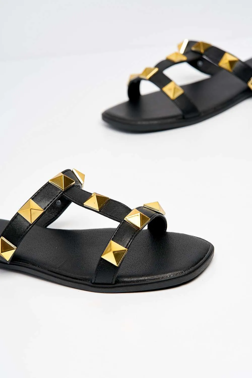 Athena Studded 2 Strap Sliders in Black