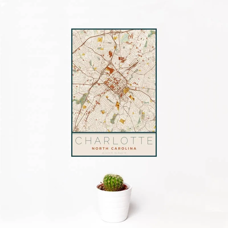 Charlotte NC Map Print Woodblock