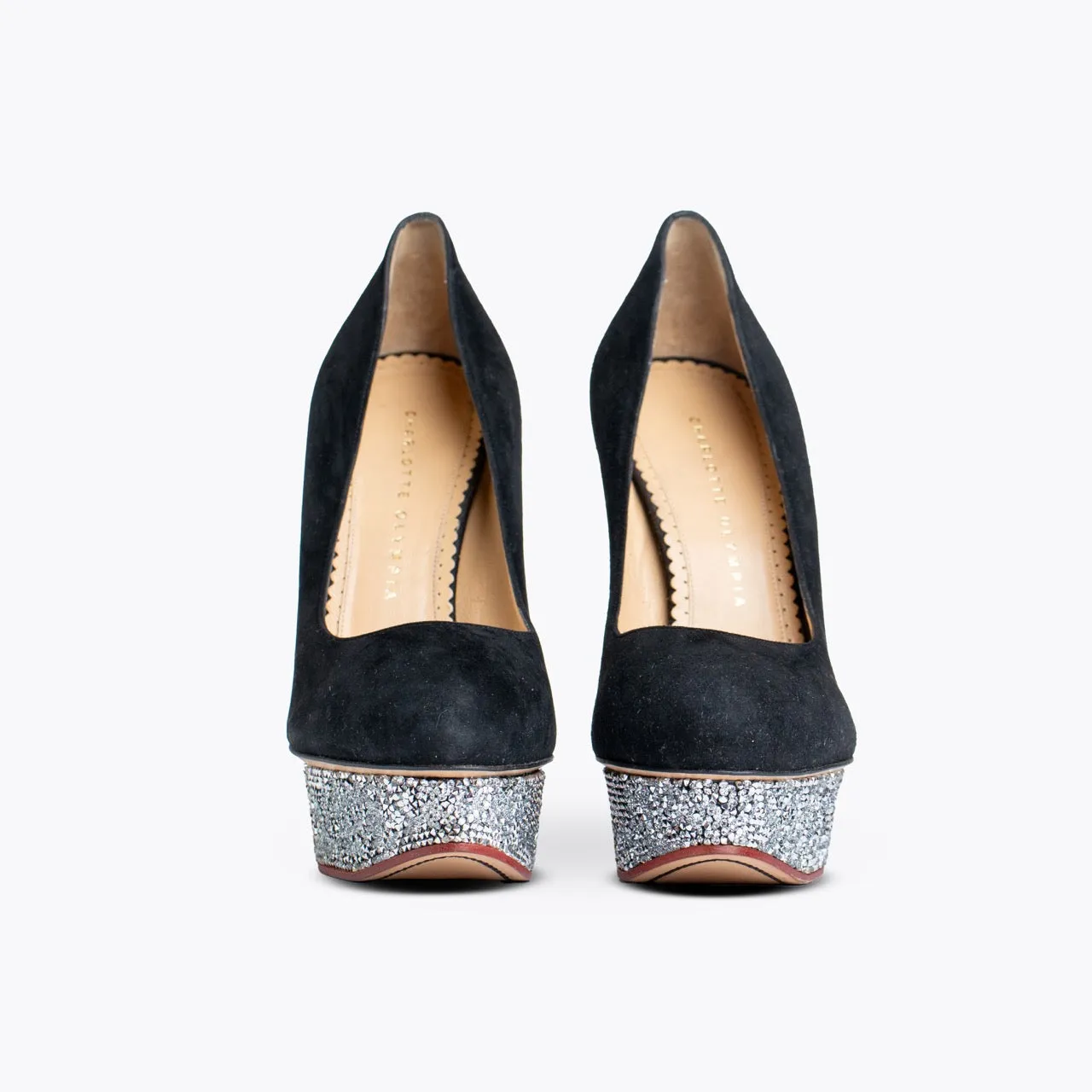 CHARLOTTE OLYMPIA BLACK SUEDE SEQUINS PUMPS