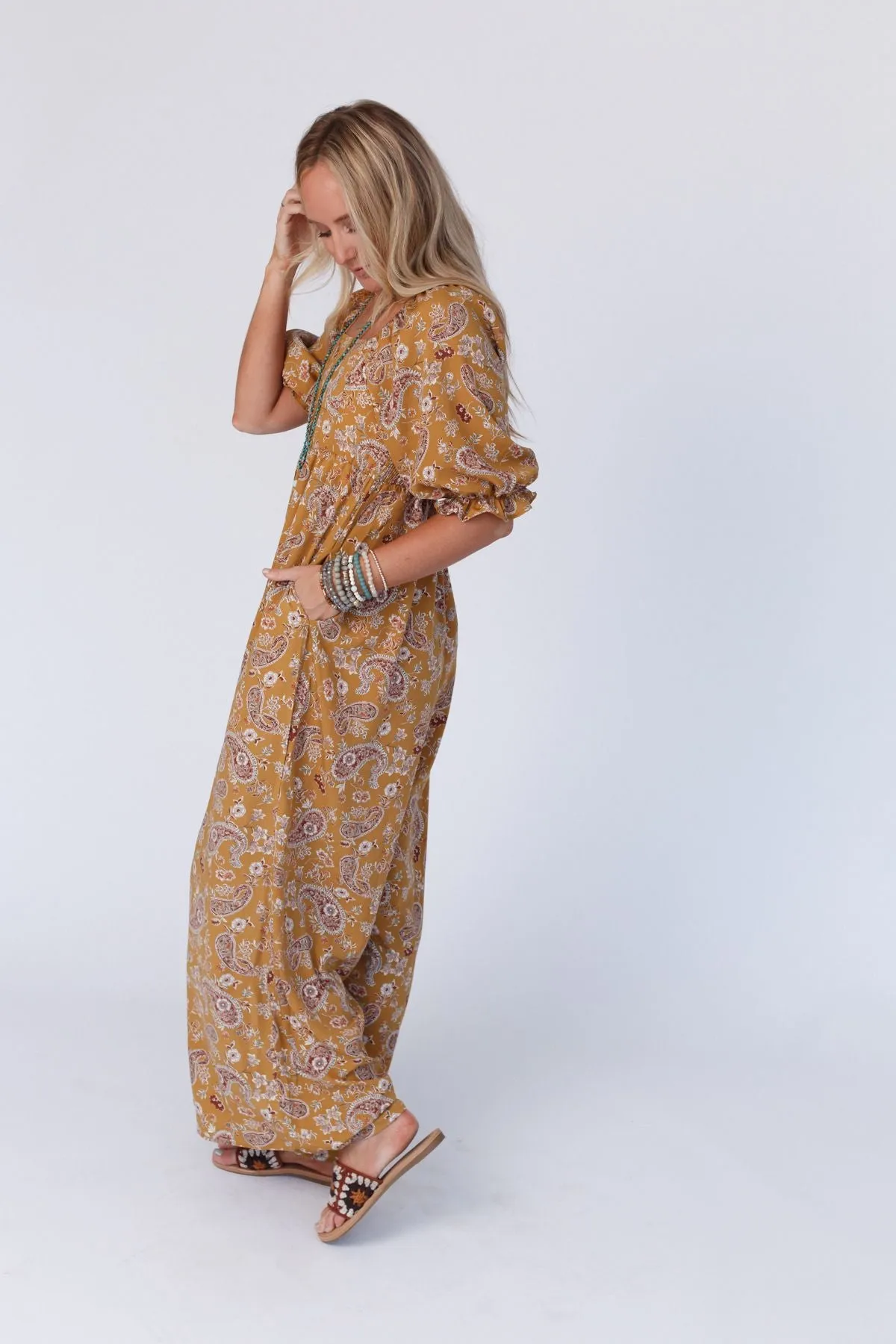 Charlotte Printed Wide Leg Jumpsuit - Mustard Paisley