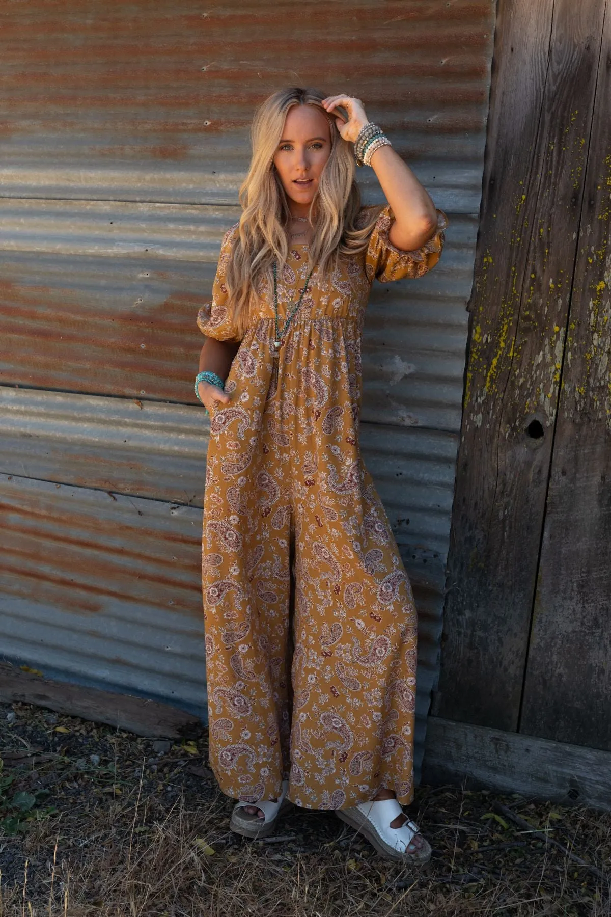 Charlotte Printed Wide Leg Jumpsuit - Mustard Paisley