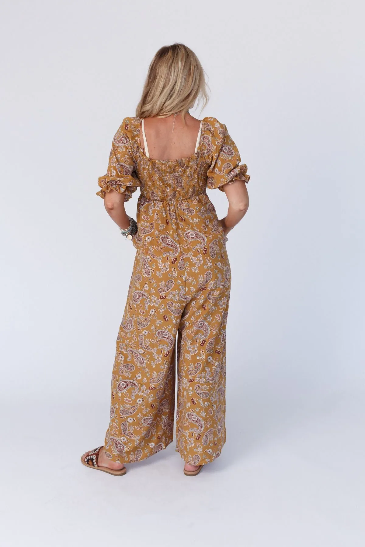 Charlotte Printed Wide Leg Jumpsuit - Mustard Paisley