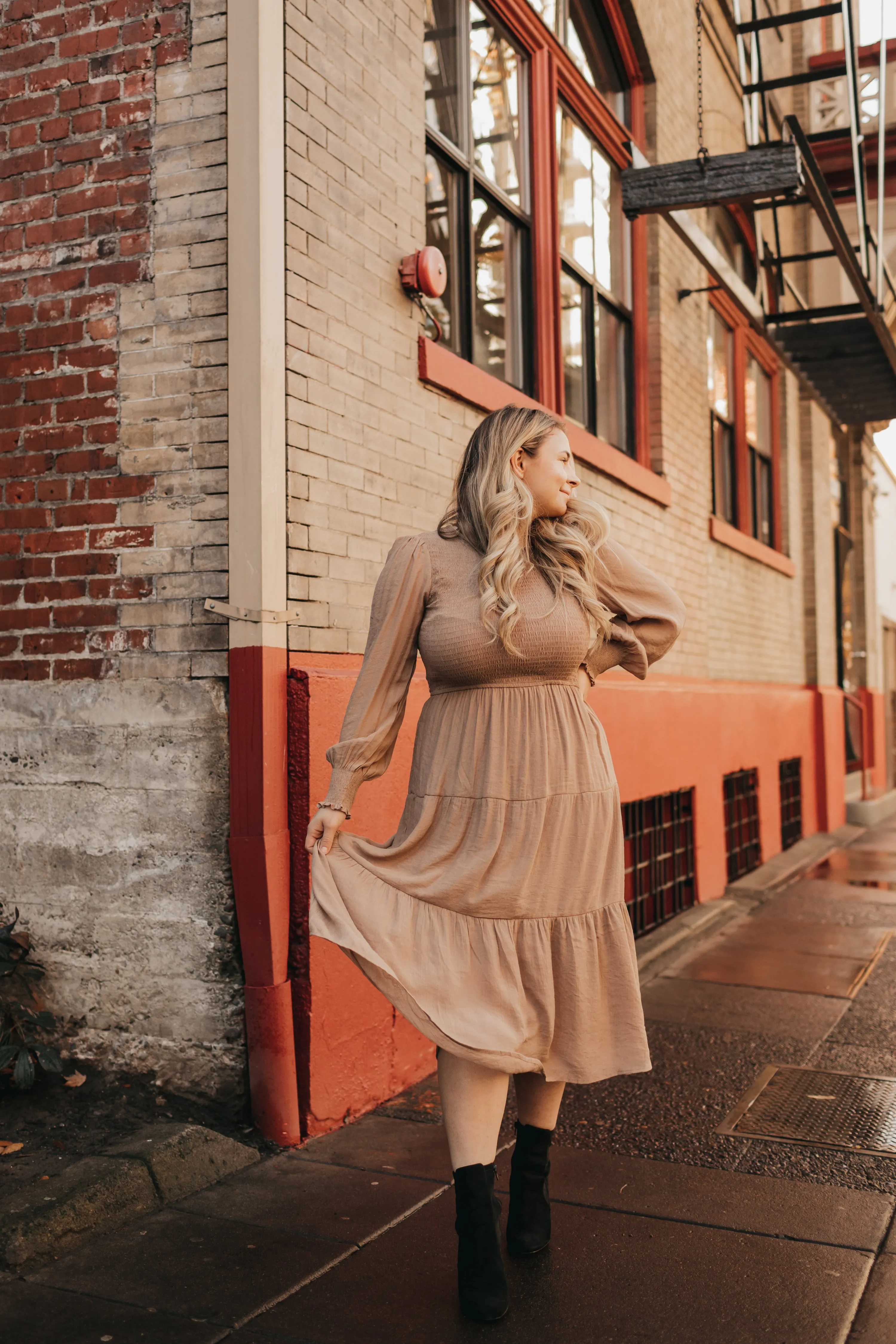 Charlotte Smocked Dress in Mocha