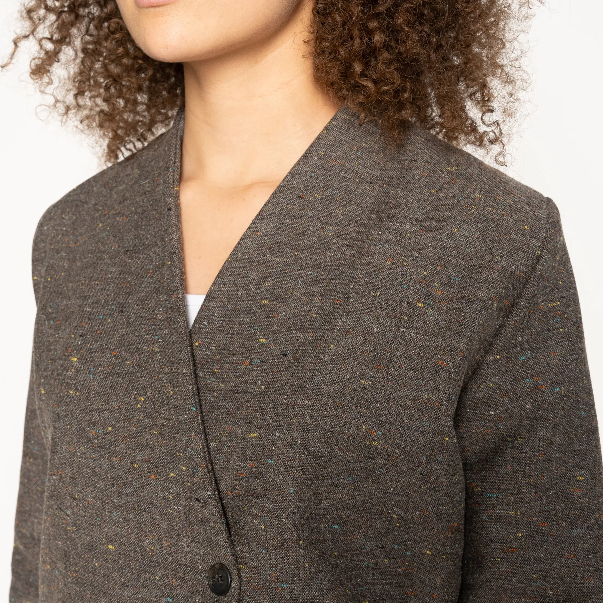 Collarless Jacket - Wool Blend Multi Nep - Brown