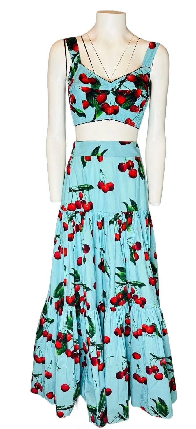 **DOLCE & GABBANA Cherry Print Brassiere and Long Skirt Set - Size 40 IT**