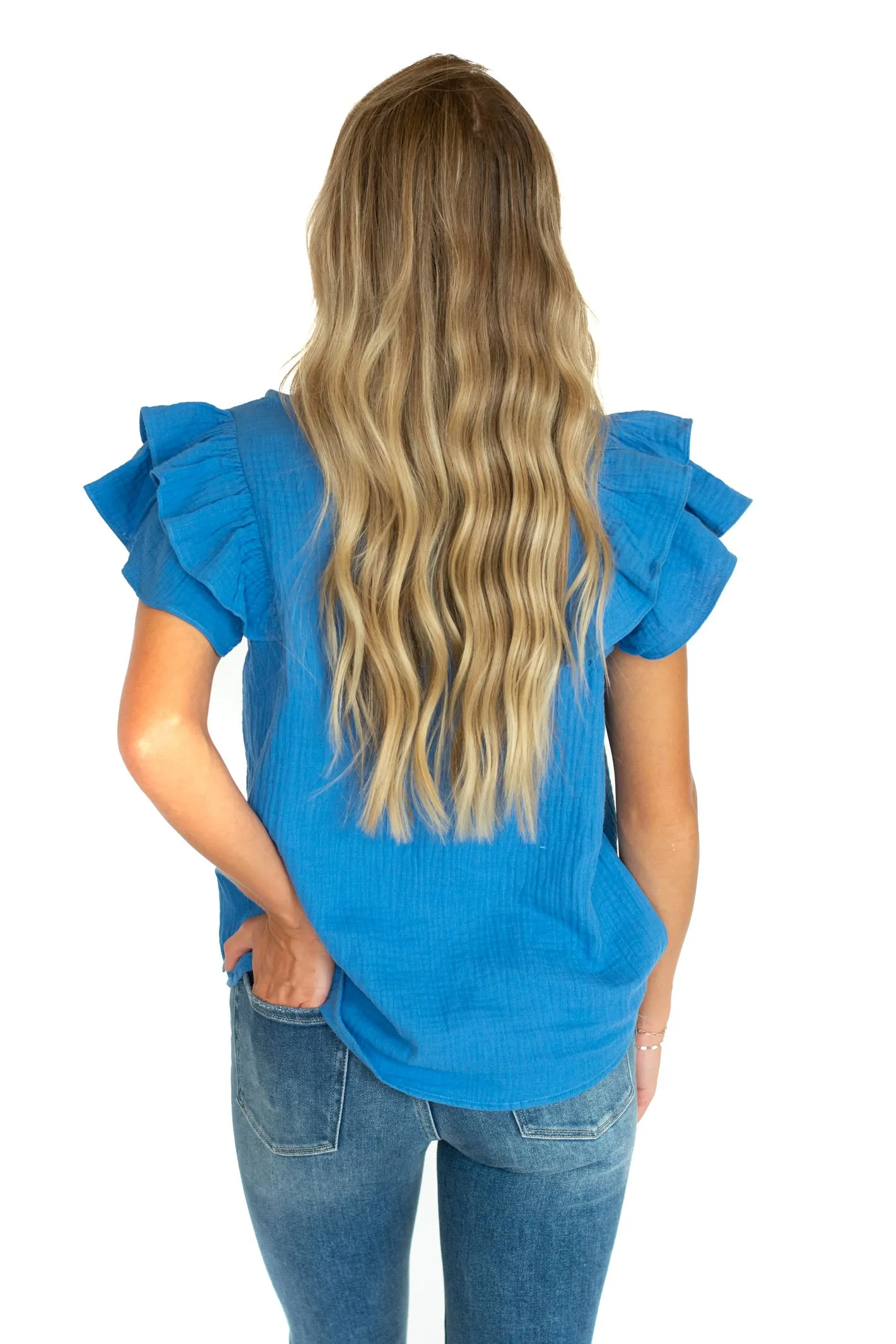 Draw You In Blue Ruffle Top