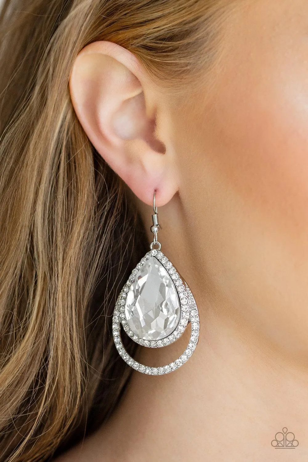 Famous White Rhinestone Earrings - Paparazzi Accessories