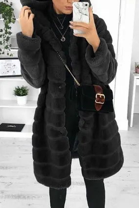 Furry Trench Coat Long Faux Fur Jacket Black