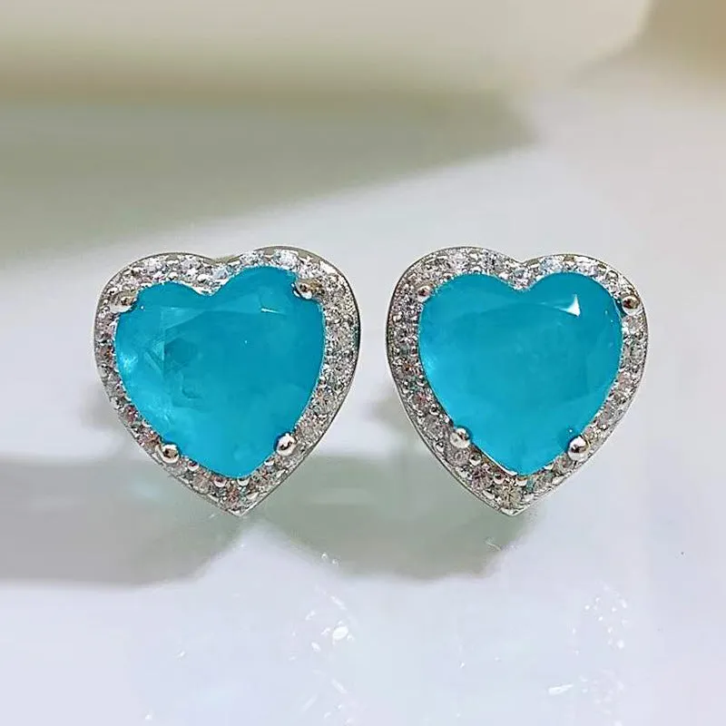 Heart Cut Simulated Paraiba Tourmaline Earrings in Sterling Silver