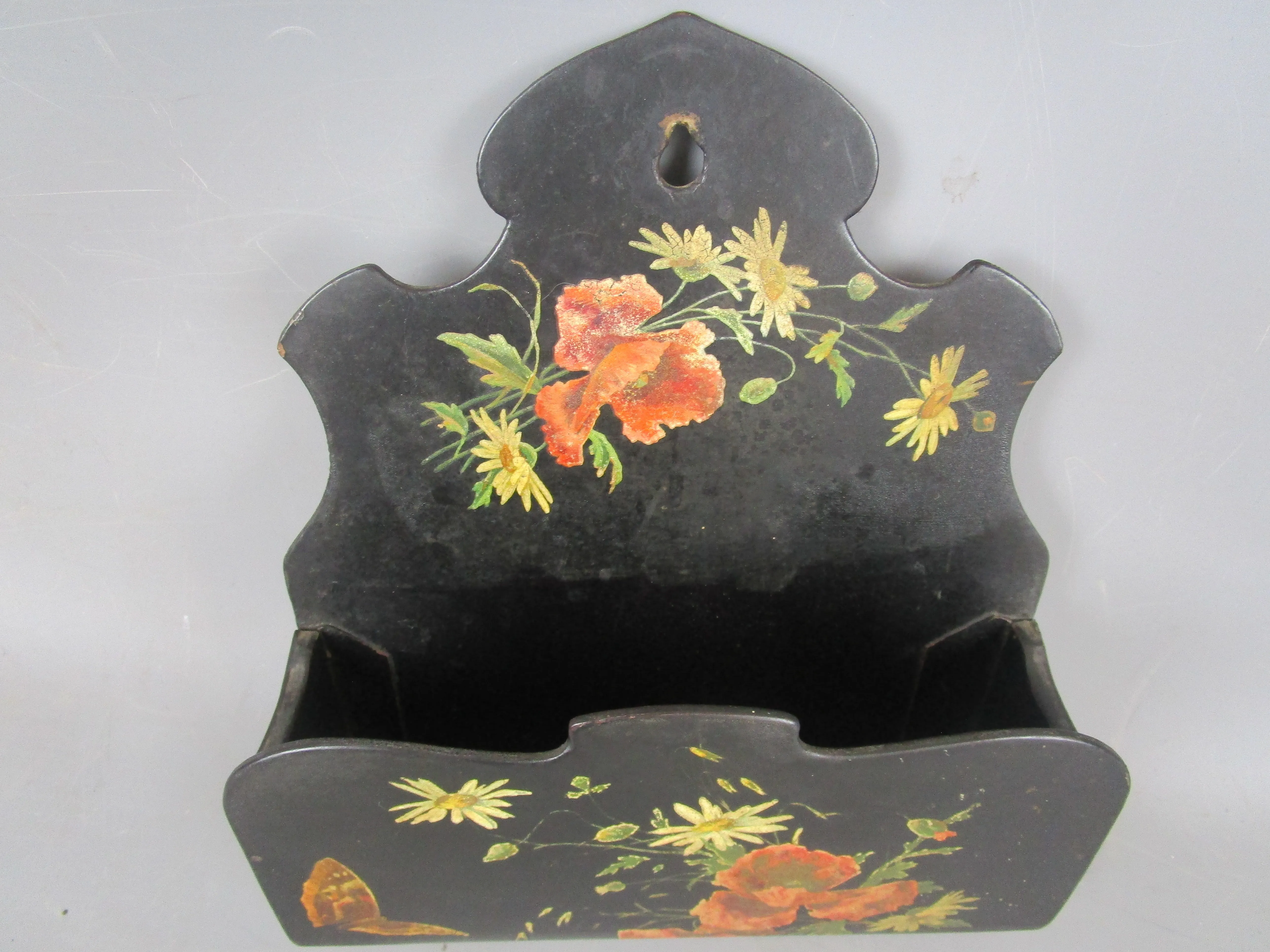 Lacquered Papier Mache Wall Hanging Letter Rack Antique Victorian c1890