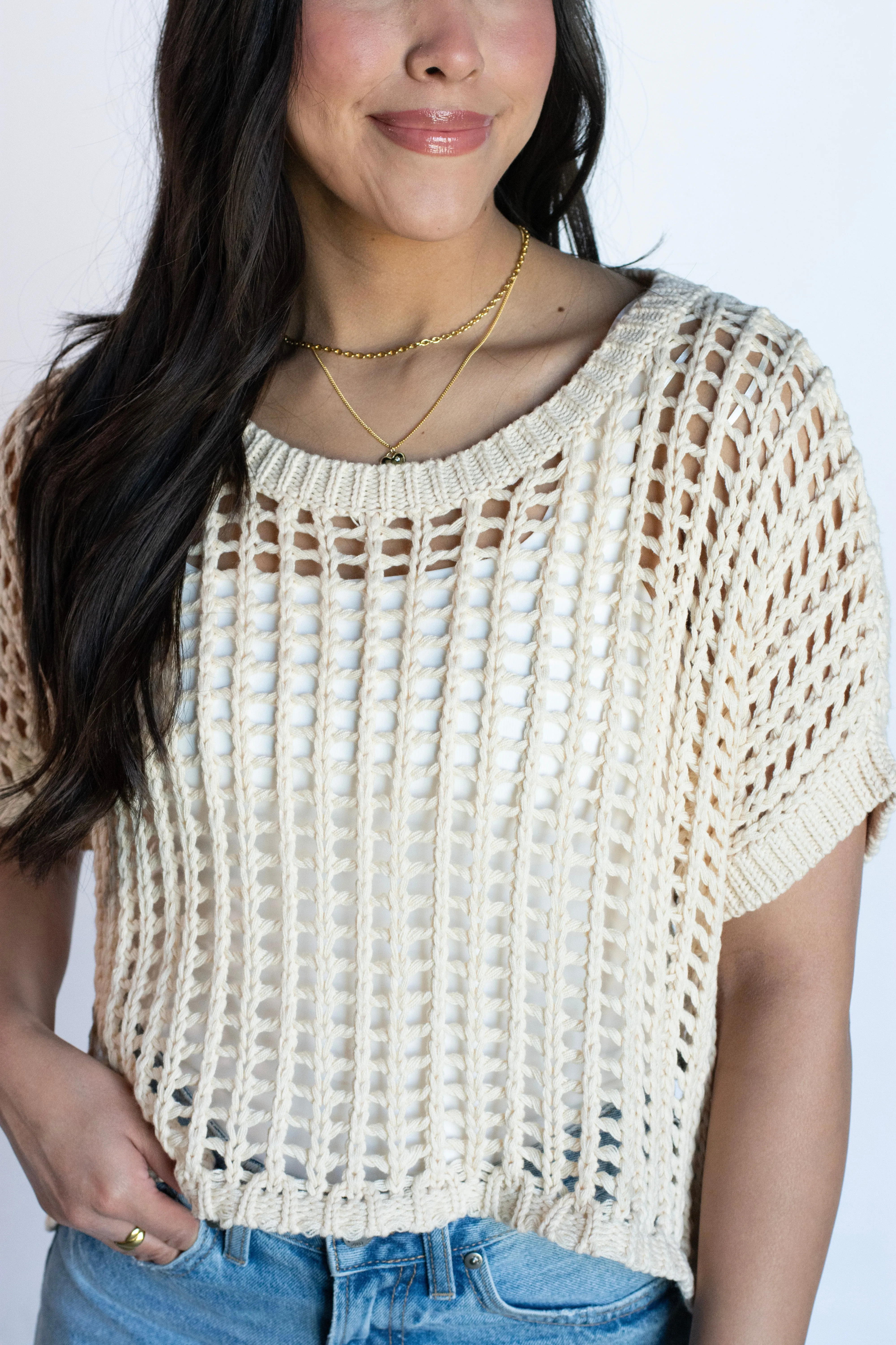 Oceanfront Energy Beige Crochet Top