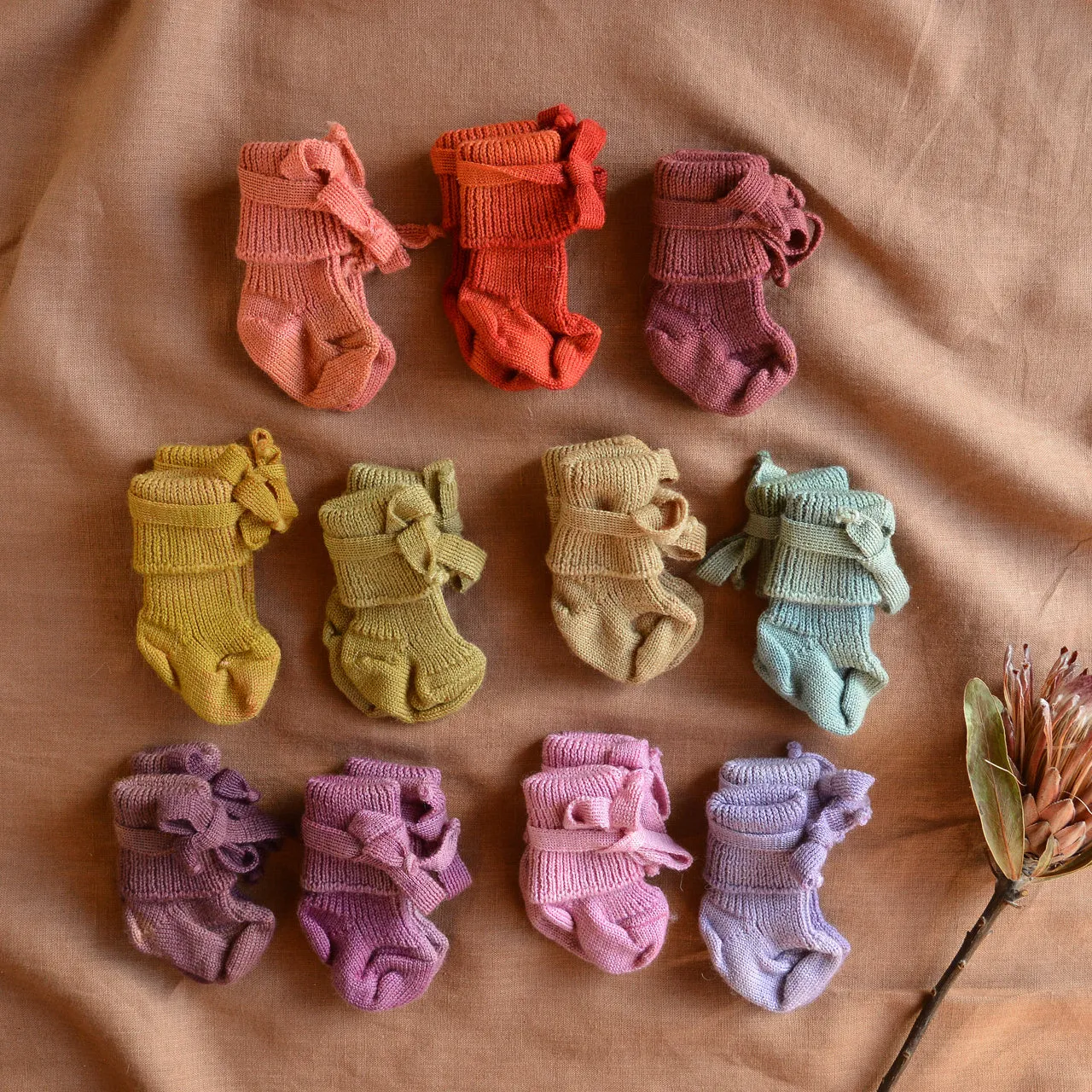 Plant Dyed Newborn Wool Baby Socks with Ties (0-3m)