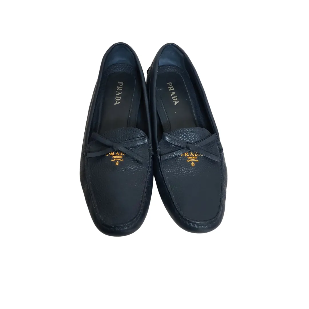 Prada Navy Blue Leather Bow Loafers | Pre Loved |