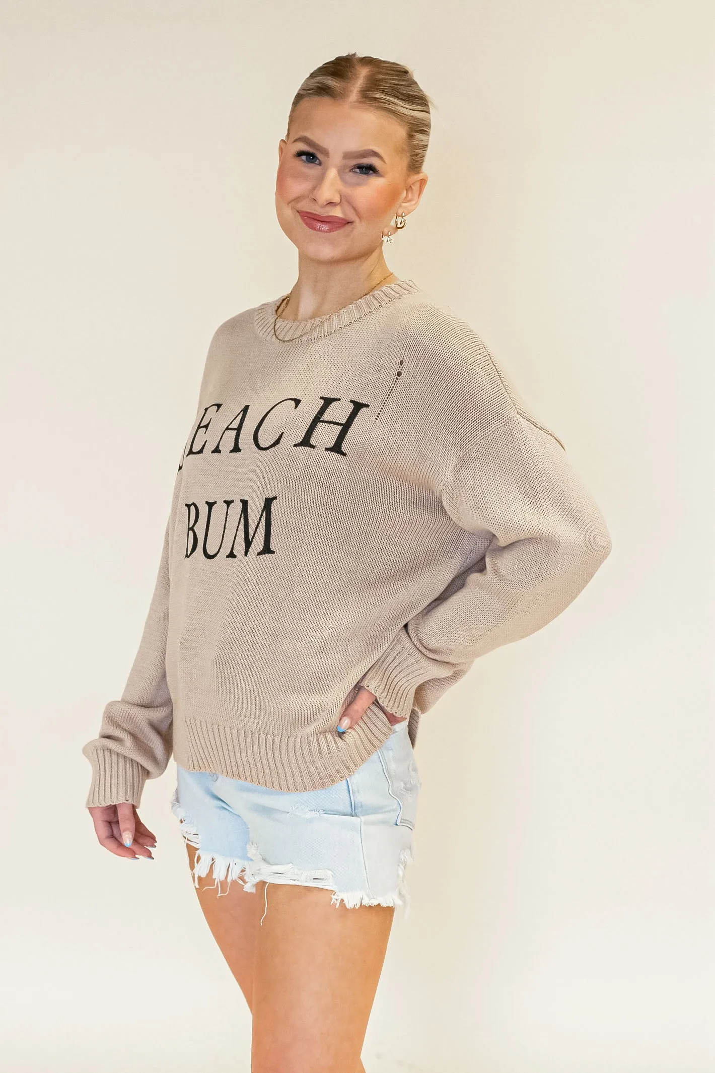 "Beach Bum" Taupe Knit Sweater