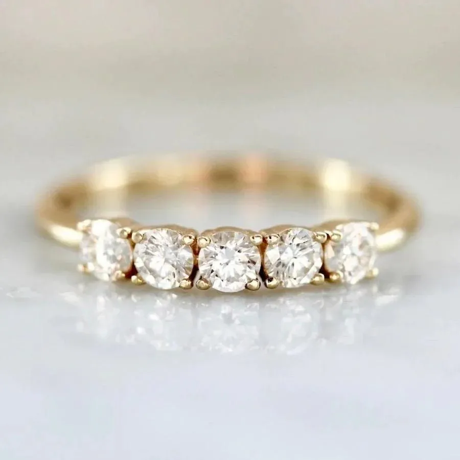 Round Five Stone Diamond Delicate Solitaire Accent Half Eternity Wedding Band