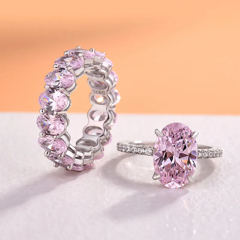 Sweet Pink Gemstone Oval Cut Sterling Silver Bridal Set