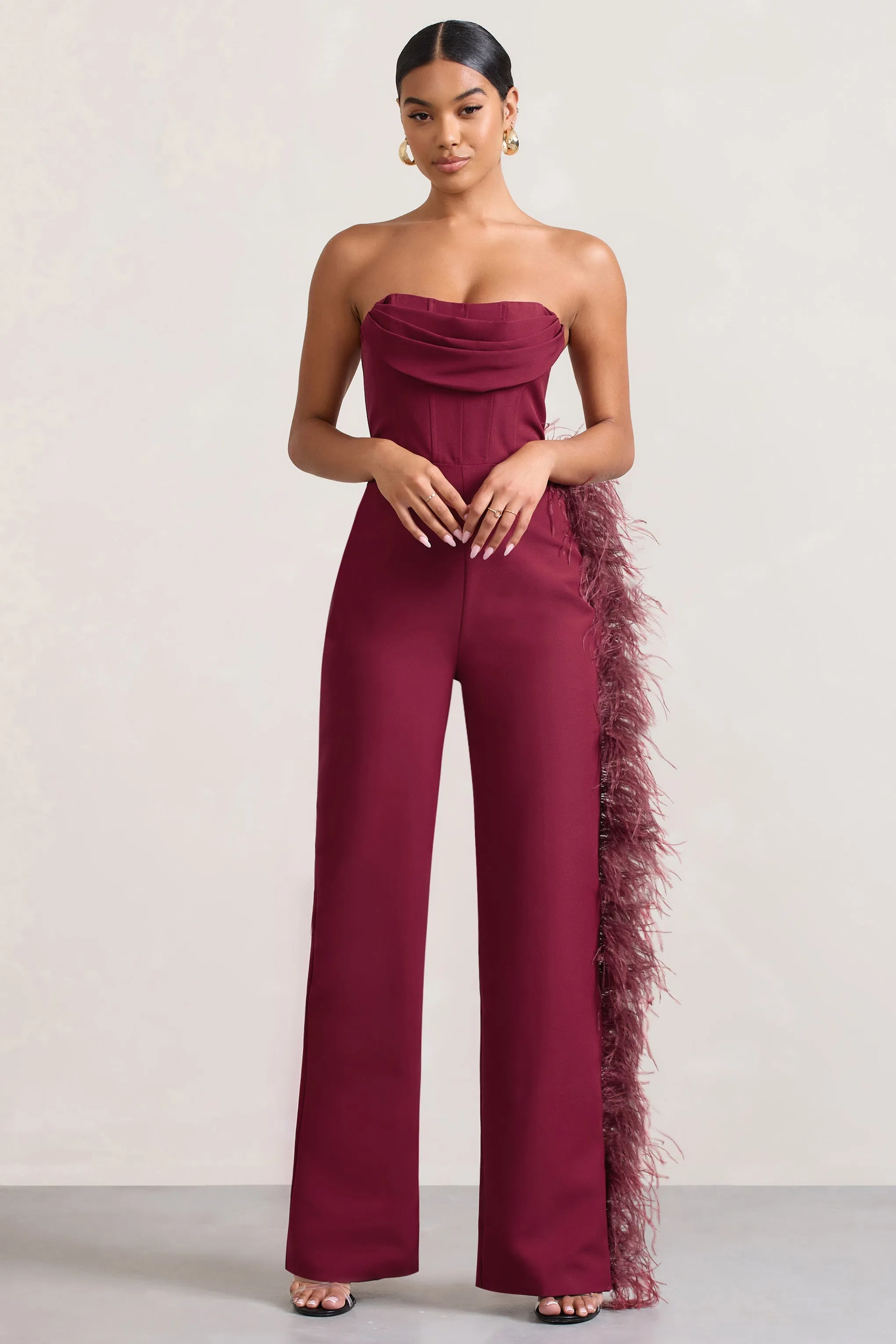 Topic Of Talk | Burgundy Strapless Bandeau Wide-Leg Jumpsuit With Feather Trim