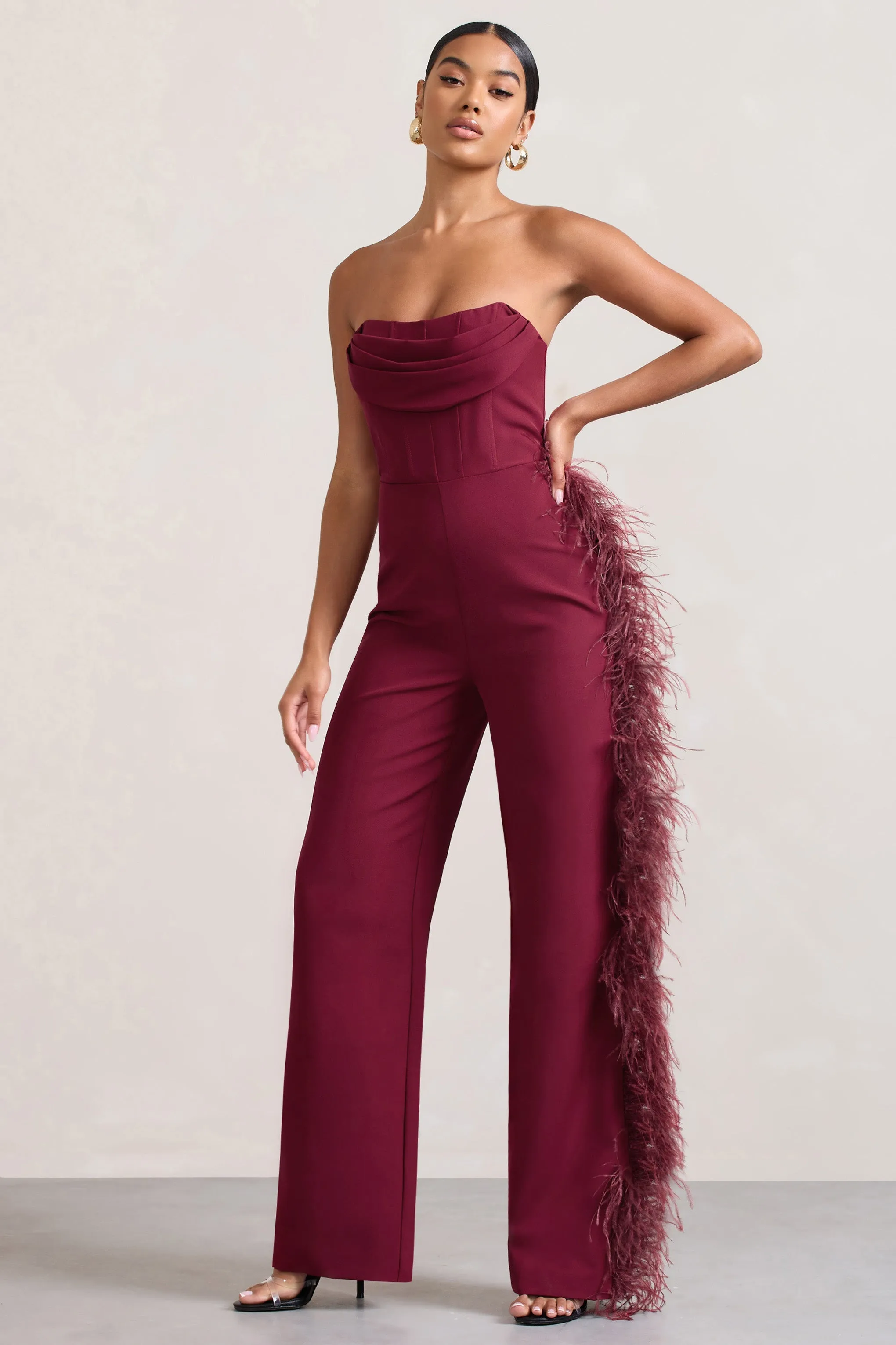 Topic Of Talk | Burgundy Strapless Bandeau Wide-Leg Jumpsuit With Feather Trim