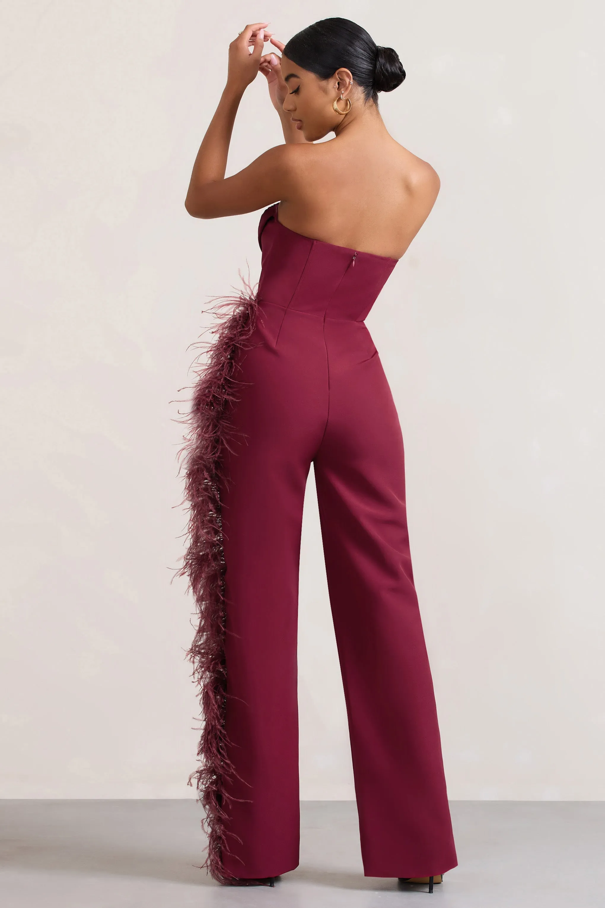 Topic Of Talk | Burgundy Strapless Bandeau Wide-Leg Jumpsuit With Feather Trim