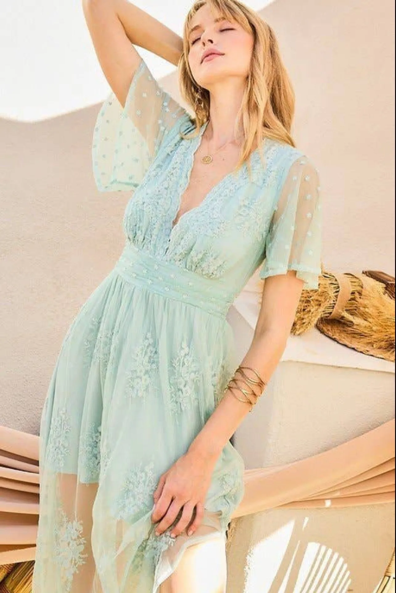 V Neck Ruffle Sleeve Side Slit Mesh Maxi Dress