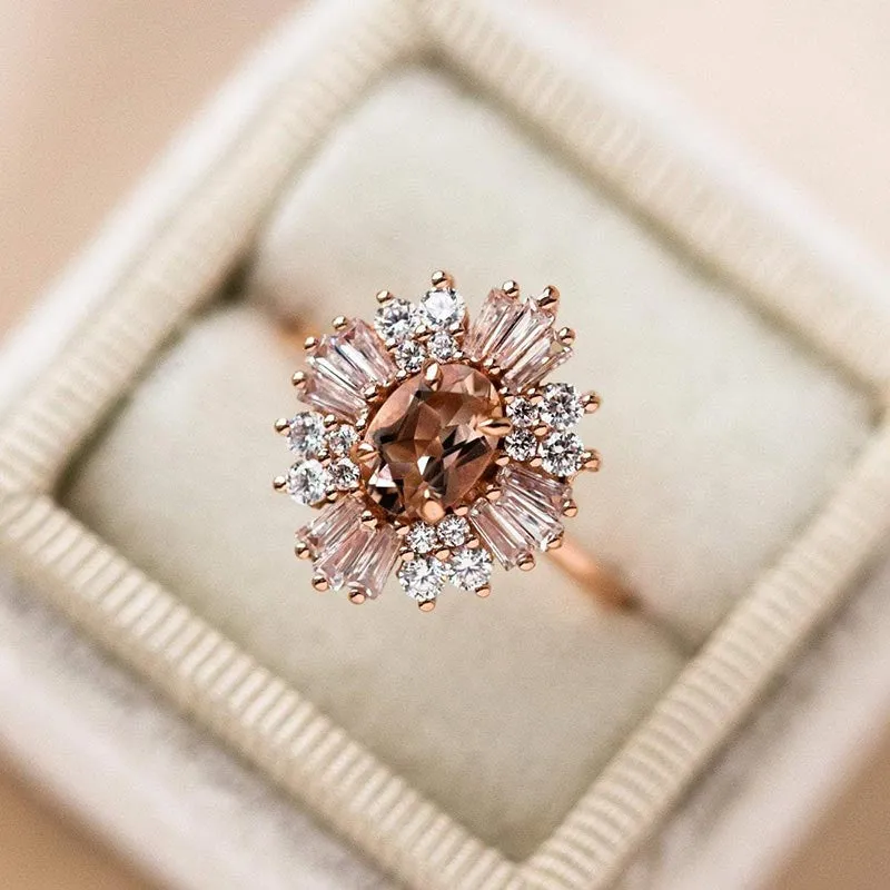 Vintage Cluster Oval Cut Engagement Ring In Rose Golden Tone